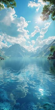 Mountains, lake and blue sky landscape