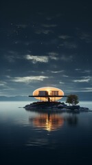 Obraz premium futuristic lakeside house design surrounded by mountains and trees