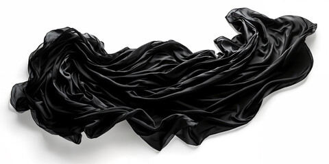 A black shiny fabric on a white surface, creating a contrast between the two colors.