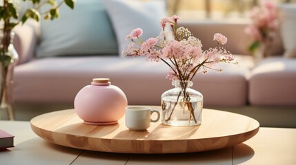 A beautiful living room with a vase of flowers on a wooden table