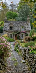 Stone cottage in the countryside surrounded by trees and flowers