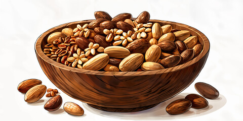 A wooden bowl filled with various nuts, placed on a white surface.