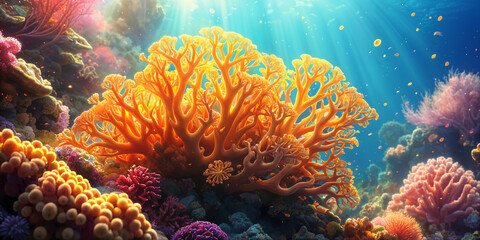 An underwater scene, featuring a large coral reef with various types of fish swimming around it. The sunlight filters through the water, creating a beautiful play of light and shadow on the coral.