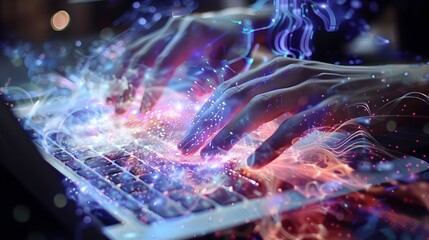 Intricate Digital Tapestry Unveiled by Focused Hands Typing on Laptop