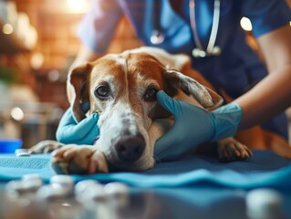 Close up of a veterinarian checking a dog's eye