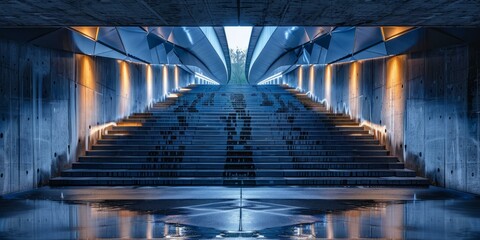 A Long Flight of Stairs With a Reflective Puddle at the Bottom