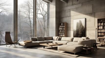 Modern living room interior with large windows and minimalist furniture