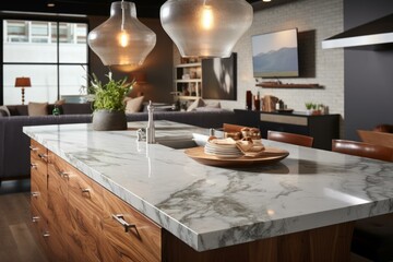Fototapeta premium Modern kitchen island with marble top and wood cabinets
