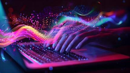 Digital Wave Concept Typist Working on Laptop in Vibrant Cyber Flow