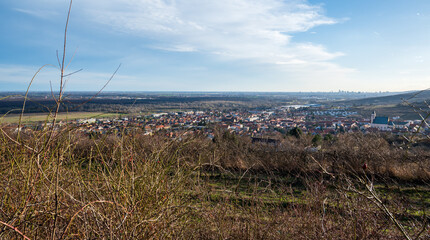 View of the valley with the city, meadows, fields and forests.