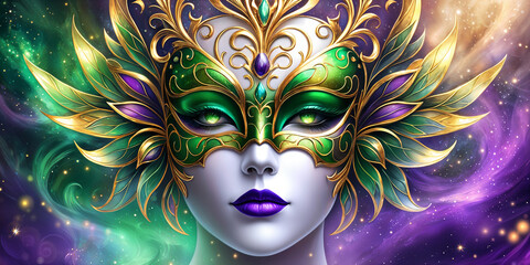 A close-up of a person wearing a vibrant, ornate mask with intricate designs and colors, set against a backdrop of a cosmic scene with swirling clouds and stars.