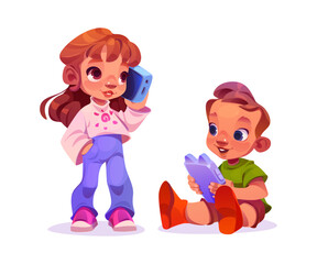 Kid play and talk with mobile phone. Little boy sitting with device in hands and girl standing and holding gadget near ear. Cartoon vector illustration of children using smartphone for game and speech