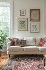 A living room decorated with colorful rugs and botanical prints
