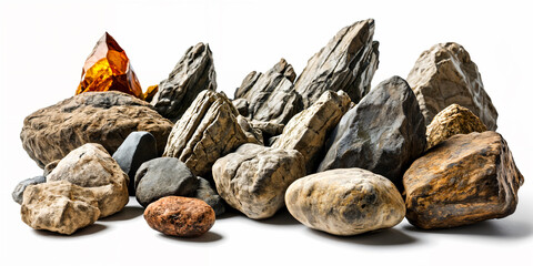 A collection of various rocks and stones, with one large amber-colored rock prominently placed among them on a white background.