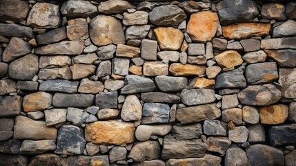 A stone wall with different colored rocks