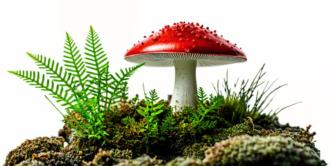 A vibrant red mushroom with white spots, surrounded by green ferns and moss on a white background.