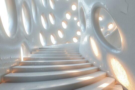Futuristic Staircase with White Walls and Circular Cutouts