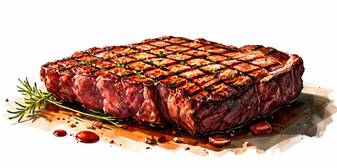 A large, juicy steak with a golden-brown crust, resting on a white surface and garnished with a sprig of rosemary.