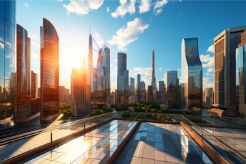 Fototapeta premium A stunning view of a modern city with skyscrapers and a beautiful sunset