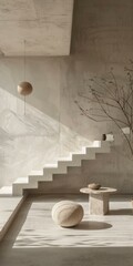 Staircase in a modern house with a large round stone sculpture