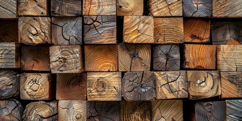 A wooden background texture of stacked blocks of firewood