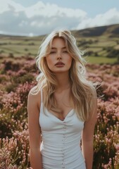 Portrait of a Blonde Woman in a Field of Purple Flowers