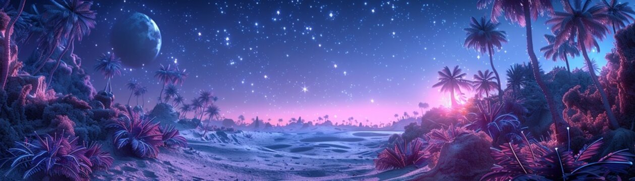 Futuristic space oasis on a distant planet, lush alien vegetation, starfilled sky , 3DCG