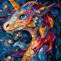 Obraz premium A curious dragonunicorn hybrid peeking through a magical portal, its vibrant scales contrasted against the portals luminescent edges , 3D render animation style