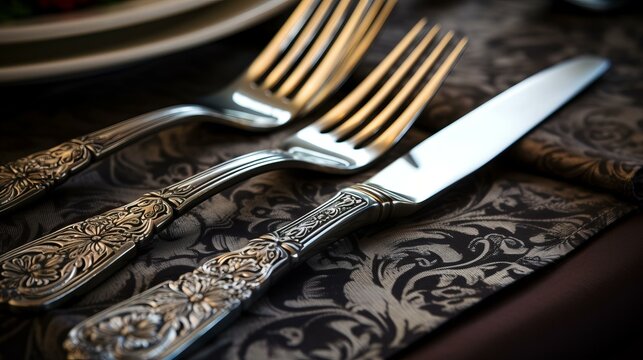 Ornate silverware on a fancy tablecloth