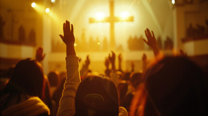 Christians raise their hands before the cross, faces full of devotion and solemnity, soft light...