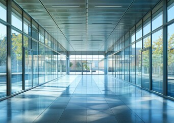 Modern empty glass office building interior with tiled floor and large windows