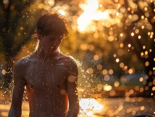 shirtless young male with wet hair standing in a fountain