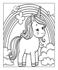 Cute cartoon unicorn with rainbow coloring page. Color and black white vector illustration for coloring book,
