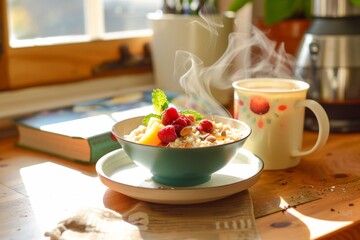 Inviting table with a colorful bowl of hot oatmeal, assorted fruits, and a steaming mug in soft morning light