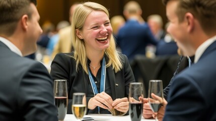 Business people talking and laughing at a conference