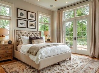 Fototapeta premium Elegant master bedroom with large windows and a tufted bed