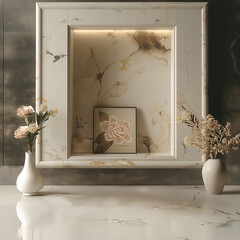 a luxurious product display template, a minimalistic yet stylish floral interior with marble textures and soft lighting