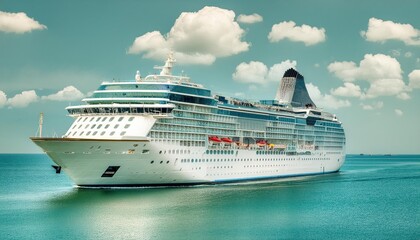Concept for vacation and travel with a generic cruise ship sailing over the calm ocean.