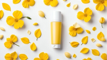 yellow flower petals background with lotion tube container for healthy skincare ad beauty product concept from Generative AI