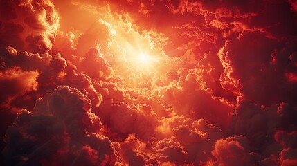 Sky with clouds in red color. Fiery sunset background with space for design. Horror, cataclysm, armageddon, war, terror, terrorism, disaster, end of the world concept.
