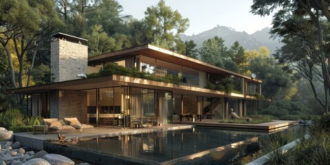 Obraz premium Modern House Design with Pool and Mountain Views