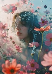 Fototapeta premium ethereal portrait of a young woman surrounded by cosmos flowers