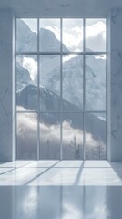 Modern interior of empty room with big panoramic window and view of snowcapped mountains