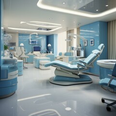 The interior of a dentist's office with blue walls and white accents