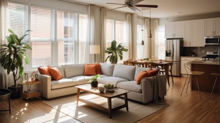 An open living room with large windows, a white sectional sofa, and a dining table with a runner