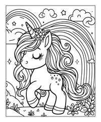 Fototapeta premium Cute cartoon unicorn with rainbow coloring page. Color and black white vector illustration for coloring book,