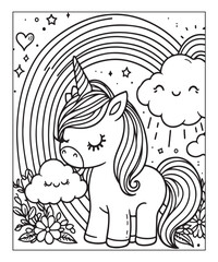 Cute cartoon unicorn with rainbow coloring page. Color and black white vector illustration for coloring book,