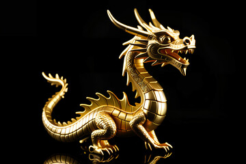 Golden Dragon figurine. Isolated on Black background.