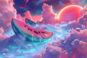 Cosmic dreamscape with juicy watermelon slices amidst cotton candy clouds at sunset
