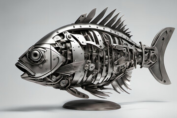 Mechanical iron fish figurine. Digital illustration.